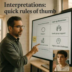 Mid-shot of a thoughtful teacher in a sunlit modern classroom pointing to a large whiteboard/tablet that displays a clear four-quadrant assessment dashboard labeled Low avg / Low dispersion, Low avg / High dispersion, High avg / High dispersion, High avg / Low dispersion with simple icons for reteach, small-group support, extension activities and higher-order challenges. A sticky note on the board reads many missing same item and a small inset close-up shows a student answering correctly but shrugging, confused while struggling to explain. Warm natural window light, candid editorial feel, realistic skin tones, shallow depth of field and a 35–50mm perspective create a high-resolution, intimate image that illustrates quick rules of thumb for interpreting classroom data.