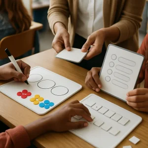 Photorealistic close-up of a small, diverse middle-school group and their teacher engaged in quick formative checks: hands and mini whiteboards in soft natural light. One student sketches three empty circles with three nearby piles of colored counters (visually suggesting six, five, four), another arranges blank letter tiles into slots with some tiles set aside to imply a no-repeat constraint, and a third holds a board with several blank multiple-choice bubbles sketched. Shallow depth of field and a candid, collaborative atmosphere; no visible words or labels.