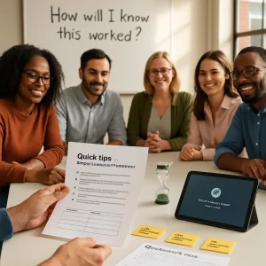 Photorealistic editorial shot of five diverse educators clustered around a bright modern table, close-up on hands sharing a handout titled 'Quick tips — what you can try tomorrow', sticky notes with mini-application tasks, a clear competence rubric sheet labeled '3–4 levels', a small sand timer set for 5–10 minutes, and a tablet screen prompting 'Please take the quiz to proceed'; warm natural light, shallow depth of field, candid natural expressions, and a whiteboard in the background with the handwritten metacognitive question 'How will I know this worked?' — high-resolution, professional header image ideal for an article on practical teacher training, rapid formative assessment, and metacognitive practice.
