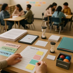 3/4 overhead editorial shot of a teacher's tidy desk as hands arrange a lesson-prep checklist surrounded by color-coded station cards, stacked handouts, a tablet displaying a simple timeline, a small sand timer, blank exit slips, a folder with a bright red backup tab and a compact energiser box of stress balls; softly blurred background shows students in varied interaction patterns and a wall timeline of sticky notes, warm natural light and shallow depth of field give a clean, modern classroom feel.