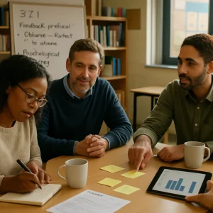 Warm modern staffroom bathed in soft morning light; a small, diverse group of teachers and a school leader gather around a table strewn with coffee cups, sticky notes, printed student exit tickets and a tablet displaying a simple bar chart with mean and standard deviation. In candid documentary style with shallow depth of field, one teacher writes a three-line reflection in a small journal, another gestures to a sticky note while sharing an observation, and the leader listens supportively, modeling humility. A flipchart in the background shows handwritten headings '3-2-1', 'Feedback protocol: Observe → Reflect → Co-create' and 'Psychological safety'; subtle classroom posters are visible through a window—emphasis on collaboration, growth mindset, practical leadership and authentic, natural expressions and textures.