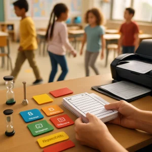Photorealistic close-up of a teacher’s desk as hands arrange a neat stack of blank-template cards marked only with simple pictogram icons; color-coded role cards (leader, recorder, materials, reporter), yellow and red transition cards, a small sand timer and handheld chime sit beside a clipboard and a printer stocked with more sheets. Warm natural light and crisp detail foreground the organized materials while diverse students practice a quick transition and soft-focus colored floor markers blur in the bright elementary classroom background.