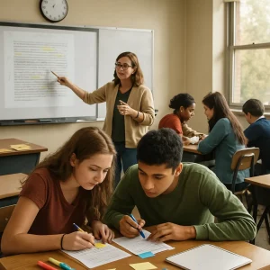 Photorealistic, documentary-style image of a middle/high school literature lesson on making inferences: a teacher at the front modeling a think-aloud while pointing to an annotated projected slide (no readable words), diverse students seated in pairs leaning together comparing open printed short passages (text blurred), two-color highlighters, sticky notes on pages, pens and mini whiteboards with marks but no text, exit-ticket slips on a desk and a wall clock showing about 2:45. Warm natural light and a shallow depth of field crisply highlight the teacher and a pair of students; candid expressions of concentration and collaboration and highly detailed classroom props convey an engaged, authentic learning moment with no signage or labels.