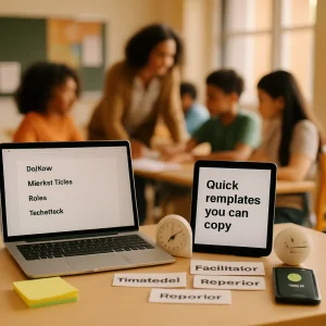 Photorealistic close-up of a teacher's desk in a bright modern classroom: a laptop displays a shared document with headings "Do Now","Mini Exit Ticket","Roles","Tech-check"; a tablet shows the article title "Quick templates you can copy"; printed role cards labeled Facilitator/Recorder/Timekeeper/Reporter, sticky notes, a 3-minute timer and a smartphone with a green mic emoji and the word "ready" are arranged for a group activity. Diverse students and a teacher blur softly in the warm background; shallow depth of field, crisp textures and left negative space create an editorial-ready composition for a headline.