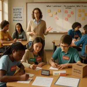 A warm, photorealistic moment after a peer activity: small diverse groups of 2–4 students wearing role badges (Explainer / Questioner / Recorder / Reporter) gather around tables, writing short reflection cards and pinning them to a three‑column board labeled What I understood • Misconception noticed • What I’ll change. A table holds confidence cards (High / Medium / Low) and an anonymous feedback box; a digital timer and clear task sheet are visible. The teacher calmly models how to fail and prompts discussion while one student sketches a real‑life transfer example (geometry → furniture stability). Candid expressions, shallow depth of field, visible social contract reading Respect • Explain • Listen • Question • No put‑downs, high-resolution, collaborative and reflective atmosphere.