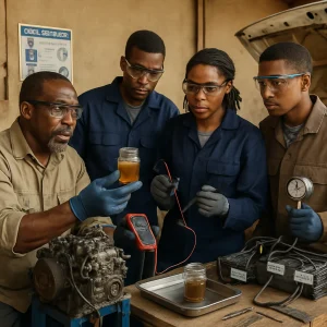 Photorealistic editorial scene of an instructor and three PPE‑clad learners gathered around a diesel engine on a stand and the open hood of a light commercial truck, performing hands-on inspection and maintenance with basic hand tools and improvised low-cost devices (handheld multimeter, simple test lamp, budget pressure‑gauge adapter). A clear plastic jar shows a small sample of contaminated diesel and a removed fuel filter rests on a clean tray; an ECU and wiring harness on a bench are labeled with sensor tags (crank/cam, fuel pressure, coolant temp) while a laminated safety poster outlines isolation steps and PPE icons. Warm natural daylight, realistic worn surfaces, duct-taped tool organizers and locally sourced adaptations convey a calm, supervised, high-detail educational atmosphere ideal for articles on diesel engine management in resource-constrained settings.