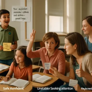 A photorealistic eye-level classroom portrait composed as three integrated vignettes showing a compassionate teacher responding to diverse students: left — a safe/confident student leads a small group while the teacher offers specific feedback on a sticky note and the whiteboard: "Your explanation connected evidence and claim — great logic," with open textbooks, a project poster and a visible leadership badge; center — an unstable/seeking-attention student subtly tests boundaries as the teacher kneels for a 5–10 second calm interaction, offering two choice cards ("Start with A or B?") and a gentle private redirection signal; right — a rejected/withdrawn student relaxes in a cozy corner with a peer mentor as the teacher gives a low-stakes private invitation ("Can I hear one sentence?"), hands a small doable checklist and offers a warm thumbs-up. Warm natural daylight, realistic textures (wood desks, soft fabrics), shallow depth of field and crisp faces create a candid, balanced composition that highlights attentive, differentiated classroom strategies.