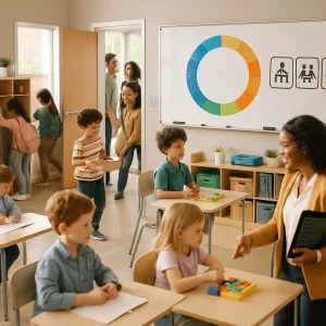 Photorealistic wide-angle view of a bright, organized classroom mid-transition: a smiling teacher greets diverse students at the door while children quietly stow backpacks and move to color-coded stations; some begin a quick desk warm-up, one student carries a tray as materials manager, small groups rotate to tables with manipulatives, and the teacher checks a checklist on a tablet. A large circular color-ring visual timer glows on the whiteboard and simple icon-only signals cue activities, all bathed in natural daylight with a calm, focused atmosphere and shallow depth of field.