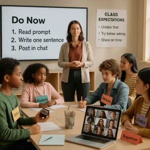 Photorealistic classroom bathed in soft daylight: a calm teacher models a clear 3-step "Do Now" on a large screen — "1. Read prompt 2. Write one sentence 3. Post in chat" — while small groups at tables collaborate using role cards labeled Facilitator, Recorder, Timekeeper and Reporter. A student holds a small timer, a laptop shows remote classmates in gallery view, and a visible poster reads "Listen first • Try before asking • Share air time"; shallow depth of field and orderly composition convey predictability, safety and the cognitive space for focused, equitable learning.