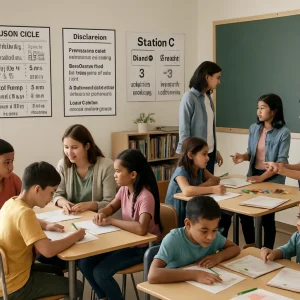 Photorealistic wide-angle portrait of a sunlit classroom mid-lesson, organized into three clearly labeled stations: Station A (Group 1 — Remediate, 4 students) at a small table with the teacher providing direct instruction; Station B (Group 2 — Practice, 5 students) at a table with guided worksheets and a peer tutor while the teacher circulates; Station C (Group 3 — Extend, 3 students) standing at a problem-solving challenge using manipulatives and engaged in deep discussion. A wall chart shows the lesson-cycle timeline (Warm-up 5 min, Stations 8–10 min each, Regroup + Share 8 min, Exit Ticket 5 min, rotate next lesson) and a laminated quick-decision flow chart with short prompts for grouping choices. Diverse students, authentic materials (worksheets, markers, clipboards, exit-ticket slips), natural soft daylight and candid documentary composition create a high-resolution, realistic snapshot of flexible-grouping instruction in action.