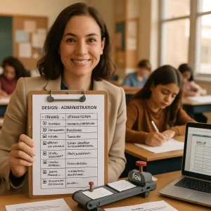 Warm, human-centered editorial photograph of a mid-30s friendly teacher holding a clipboard close to camera showing a clear three-column checklist labeled "Design / Administration / Afterwards" with checked items such as "Aligned to objectives," "Metacognition/reflection," "Rubric & exemplar," "Practice opportunities," "Clear instructions & accommodations," "Timely rubric-linked feedback," "Student reflection," "Teacher analysis," and "Instructional adjustments." In the midground a student quietly writes a reflective note while classmates work at desks; a printed rubric with an exemplar and an open laptop displaying a rubric template sit on a nearby desk. A small tabletop conveyor-belt toy carries paper assignments past a tiny "QC" stamp as a playful production-line metaphor. Natural window light, shallow depth of field and warm tones give a photorealistic, editorial look suitable for an education article.