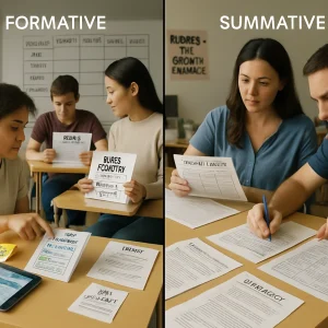 Photorealistic split-scene of a modern classroom: left (formative) a kneeling teacher points to a laminated checklist and tablet progress tracker as diverse students use sticky notes reading “next steps: add evidence,” conduct peer review with a 3‑criteria rubric, annotate self‑assessment logs with 1–2 improvement targets and check an Exit Ticket; right (summative) three teachers calibrate anchor papers labeled “Anchor – Level 3,” consult printed rubrics with clear grade boundaries and mapped scores, shade final grades and cross‑check exemplars with transparent notes linking evidence to scores; warm natural light, realistic skin tones, shallow depth of field, composed for an educational article with a whiteboard header “Criteria — Level 1–4 — Next steps” and a small poster “Rubrics = Growth & Fairness.”
