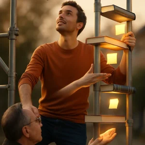 A photorealistic mid-shot, slightly low-angle scene of a climber ascending a scaffold whose metal bars seamlessly transform into symbolic rungs of books, sticky notes and gentle supporting hands — each rung emitting a soft, warm glow to mark milestones. A mentor at the base steadies the structure while golden-hour light bathes the textured metals and paper, shallow depth of field isolating the hopeful, confident expression of the climber. The image blends tangible support and symbolic progress to celebrate mentorship, learning and rising self‑esteem.