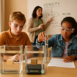 Photorealistic classroom header: foreground close-up of two identical small blocks in adjacent clear tanks—one floating, one submerged—drawing immediate focus; midground two diverse 11–12-year-old students in safety goggles measure mass on a digital scale and volume in a graduated cylinder while filling out a guided worksheet; background teacher points to a whiteboard with a simple labeled diagram linking mass, volume and density plus a short worked example and a small basket of exit tickets on a table. Warm natural light, shallow depth of field, high-resolution, candid educational photojournalism style emphasizing instruments and student engagement.