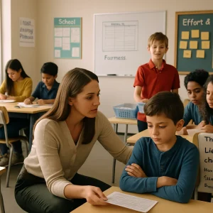 An intimate photorealistic classroom where a compassionate teacher kneels to give private, scaffolded feedback to a withdrawn middle‑schooler, protecting dignity and building confidence. Distinct vignettes show autonomy as two students work independently on a challenging project, an attention‑seeking student channeled into a clear structured role beside a visible routine chart, and a small group gathered around a clipboard labeled 'Thomas Lickona’s checks: know each other • care & help • shared goals'. Posters reading 'I used ___ strategy because ___', a transparent grading rubric, and an 'Effort & Progress' sticky‑note board amplify a warm, fair, growth‑focused environment bathed in cinematic natural window light.