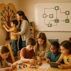 A warm, tidy elementary classroom captured in cinematic 35mm: a teacher gently scaffolds a child on a small step ladder as the child fits a puzzle piece into a large wooden knowledge tree mural. Nearby, older students quietly tutor a younger peer with blocks, beads and counting rods beside simple diagrammatic worked examples; another small group wearing colorful role badges collaborates over a tablet, an icon-only roadmap graces a clean board, and a cozy reading corner and calm predictable routines are bathed in soft natural light with candid expressions and shallow depth of field.