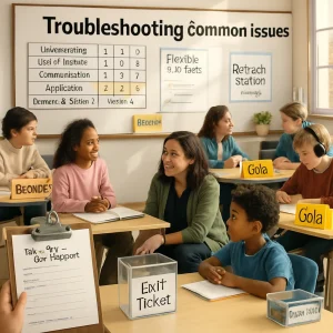 Editorial-quality photoreal scene of a modern, diverse classroom where a teacher kneels at a small-group table delivering a scaffolded mini-lesson to attentive students while others work at labeled Bronze / Silver / Gold stations. A poster-sized rubric grid lists Understanding, Use of Evidence, Communication, Application with scores 1–4 and a note 'Bronze=2, Silver=3, Gold=4'. Foreground shows a student holding a signed learning-contract clipboard titled 'Take a Risk — Get Support'; nearby an 'Exit Ticket' box collects slips and a 'Level Up' box holds badges. Mixed-ability peer-coaching pairs converse at a round table, a whiteboard displays flexible sub-tasks and a 'Reteach Station' sign, and warm natural window light with shallow depth of field highlights realistic textures and expressions. Composed to show multiple simultaneous strategies and solutions across the room, ideal for an article on formative assessment and differentiated support.