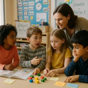 A warm photoreal editorial capture of a diverse elementary classroom practicing Vygotsky-style social constructivist learning: mixed-ability children (ages 6–10) clustered around a table with manipulatives and picture books as two kids animatedly explain ideas while a teacher leans in with a gentle hint then steps back. Visible scaffolding—cue cards, sticky-note hints and a small whiteboard reading Discuss & Reflect—alongside a word wall and labeled objects shows rich language exposure; natural window light, candid expressions, shallow depth of field and a 35mm feel convey an authentic, supportive moment of collaborative problem solving.