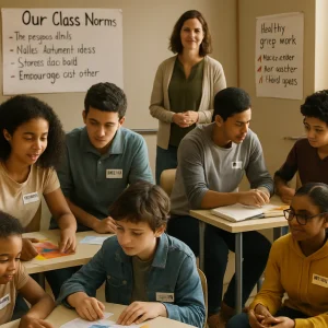 Photorealistic editorial photo of a diverse secondary-school classroom bathed in warm natural light, showing multiple small cooperative groups: a jigsaw activity with colored role cards and a shared worksheet, a peer-tutoring pair with an older student gently guiding a younger one, and a reflection circle exchanging feedback on sticky notes around a visible talking piece. A teacher stands nearby observing supportively; classroom details include name tags, a large co-created poster of class norms and commitments, a posted checklist titled "Healthy Group Work" (know each other, help one another, shared goals), and a whiteboard sketch of the "Zone of Proximal Development" as scaffolding — candid expressions of empathy, focus, and engagement, shallow depth of field, high-resolution, photorealistic, suitable for an educational article.