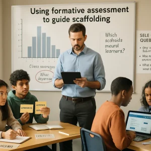 Photoreal editorial scene of a modern classroom where a teacher scans student work on a tablet while observing diverse small groups: one cluster holds role cards labeled 'Explainer, Questioner, Checker', a student writes in a reflection journal and fills an exit ticket, a pair works on laptops displaying an adaptive interface with a 'show steps' toggle and tiered hints. A nearby poster lists self-check prompts ('Did I follow the steps? What was hard? What will I try next?'), and the whiteboard shows a chart of class averages with wide dispersion circled and a teacher note reading 'Which scaffolds missed learners?'. Subtle signs of fading support—role cards set face-down, fewer desk prompts—warm natural light, shallow depth of field, crisp high-resolution detail, perfect for an educational article.