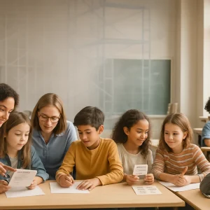 Wide-angle photorealistic editorial image of a diverse classroom arranged left-to-right as a visual learning sequence: far left a teacher modeling close beside a small group with checklists, cue cards and a lightweight scaffold frame ("I do"), middle-left a teacher guiding a group as supports are partially removed ("We do"), center-right small teams collaborating with role cards and scaffolded prompts, far right a confident student working alone and another applying the skill to a different subject (transfer), plus a nearby student quietly journaling their process (meta-cognition); subtle faded scaffold elements trail across the frame to show fading support, warm natural window light, candid natural expressions, shallow depth of field and high-resolution editorial finish.