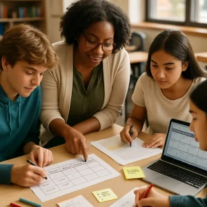 A warm, photorealistic editorial scene of a diverse secondary classroom: a teacher and three students lean over a table, collaboratively examining a printed rubric and an annotated student essay. The table displays a clear rubric grid labeled Exemplary / Proficient / Developing / Beginning, an I can... sticky note and a short checklist with ticks, an anchor exemplar with highlighted passages and margin comments, and a laptop/tablet open to a rubric template amid pens and colorful sticky notes; one student circles a self-assessment level while another writes a Next step note. Warm window light and shallow depth of field highlight realistic textures and engaged expressions that convey clarity, fairness and formative feedback — composition ideal for an article on designing rubrics and criteria.