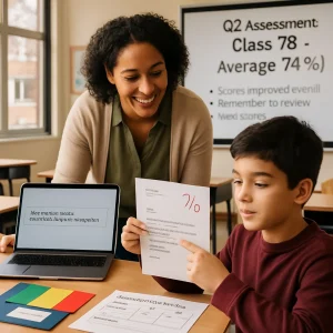 Photorealistic editorial shot of a warm, modern middle-school classroom: a diverse teacher in their mid-30s leans in with a supportive smile as a student holds up a paper marked "7/10" and points to two short practice tasks. On the teacher's laptop the email subject reads "Quick update on Maria's progress in Algebra" while a nearby projected slide headline shows "Q2 Assessment: Class 7B — Average 74% (SD 18%)" with concise talking points. Foreground details include a small student portfolio, traffic-light cards (green/yellow/red), a simple self-evaluation rubric and a notecard scripted with phrases like "Great work today... next step..." Natural window light, shallow depth of field and a clean composition make the image ideal as an article header about communicating results and ready-made conversation scripts.