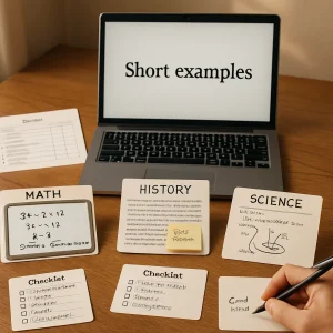 Photorealistic editorial shot of a warm wooden teacher’s desk bathed in soft window light; an open laptop displays the article title 'Short examples' while three neatly labeled index cards—MATH (mini whiteboard with a clear multi-step algebra problem and brief strategy note), HISTORY (printed primary-source excerpt with a highlighted one-sentence analytical claim and a 'thesis/evidence' sticky), and SCIENCE (lab notebook page with hypothesis, simple experimental sketch, and short reflection)—are arranged alongside an annotated rubric, a concise five-item checklist, pens and highlighters, and a teacher’s hand writing a short feedback comment. Shallow depth of field, high resolution realistic textures, and a warm neutral palette give the image a clean, editorial composition suitable for illustrating an article about concise classroom examples.