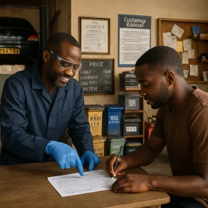 Documentary‑style photorealistic medium shot of a friendly mechanic in PPE (gloves, eye protection, work shirt) leaning over a simple wooden counter, pointing to a printed job card/estimate while a customer signs — warm natural light and shallow depth of field create a candid, respectful scene. Visual details emphasize legal, regulatory and consumer protections: a framed business license, a visible 'Customer Charter' poster, a handwritten price board and an itemized receipt on the counter noting workmanship warranty: 90 days. The workspace shows safe, low‑resource practices — labeled sealed containers for used oil and coolant, stacked batteries and tyres stored safely, a small spill kit and fire extinguisher, shelves with parts and supplier receipts pinned on a noticeboard, and a car on a hydraulic lift with an African license plate over a worn concrete floor; authentic local signage and textures make this image suitable for an informative article illustration.