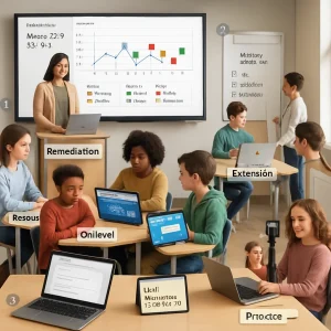 Photorealistic editorial image of a modern classroom illustrating a six-step personalized lesson workflow: a teacher at a laptop displaying a Google Forms diagnostic with a large wall screen behind showing an analytics dashboard (mean and SD, bar/line charts and colored flags for students far below/above the mean); four small student groups clearly labeled "Remediation","On-level","Extension","Project" working on laptops and tablets, one group receiving a teacher-led mini-lesson at a portable whiteboard, another student recording a short application video; visible device screens show conditional playlists, adaptive learning modules and a flashcard app for retrieval practice, a laptop open to a one-sentence student reflection and a sticky note reading "Goal: Master fractions — try these 3 steps", and a poster/tablet labeled "Mastery Checkpoint" with checkboxes; subtle numbered step markers 1–6 point to each scene, all bathed in natural daylight with crisp photorealistic detail and a clean editorial composition suitable for an article header.