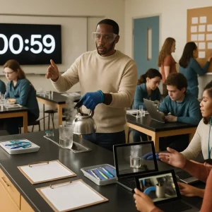 Wide-angle photoreal scene of a calm, well-organized high-school science lab in daylight: a teacher in safety goggles and heat-resistant gloves carefully handles hot water at a demo table while gesturing to a large digital countdown timer set to 60 seconds. Small student groups rotate between color-coded stations with stacked clipboards and blank data sheets, trays of backup thermometers and spare batteries visible; one station streams a close-up demo on a tablet while nearby students on laptops join a live call. A quiet gallery wall shows peers placing and reading single index cards; shallow depth of field and high-detail composition emphasize focused, collaborative learning.