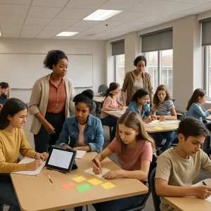 A photorealistic wide‑angle panorama that stages a 60‑minute lesson from left to right: an engaging opener with a teacher and students holding colored response cards, a focused‑input zone where the teacher models a worked example on a tablet for a small group, three active‑practice clusters with students collaborating over mini whiteboards, paper simulations and sticky notes as the teacher circulates, a reflection station of students quietly writing exit tickets and comparing notes, and a closure moment with a student placing a sticky note into a homework jar. Natural daylight, high detail and realistic textures, candid diverse students and teacher, shallow depth of field and an editorial documentary feel.