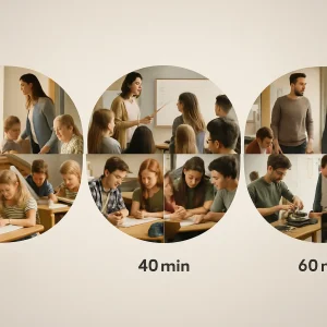 Three photorealistic circular pies sit side-by-side on a clean neutral background, each pie made from photographic classroom slices that read as a single lesson broken into start/settling, teach/lecture, group-work/practical and end/closing moments. Left (30 min) shows young children with ~13% start, ~53% teaching, ~20% group work, ~13% end; middle (40 min) mixes elementary/secondary ages with ~12% start, ~50% teaching, ~28% group work, ~10% end; right (60 min) features older students and hands-on projects with ~12% start, ~45% teaching, ~33% practical, ~10% end. Soft natural lighting, shallow depth of field, realistic skin tones and textures, high-resolution editorial composition, no text or labels.