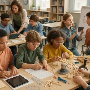 A photorealistic middle-school STEM classroom captured during a bridge-design rotation: four mixed-ability groups at separate stations — students researching on tablets with scaffolded fact-sheets, sketching detailed bridge plans on graph paper with protractors and templates, building a craft-stick span with glue guns and clamps while a teammate performs a stacked-weight loading test on a digital scale, and preparing a short flipchart presentation while filming with a smartphone. A teacher circulates, diverse learners collaborate with peer helpers and supports, warm natural light and shallow depth of field highlight close-up hands measuring, clamping and gluing amid scattered materials; no readable text or labels are visible.