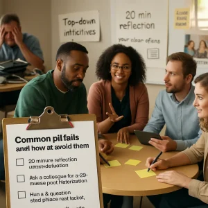 A candid editorial image foregrounding a crisp clipboard checklist with four empty boxes: '20‑minute reflection after one lesson,' 'ask a colleague for a 20‑minute peer observation,' 'run a 5‑question anonymous exit ticket,' and 'share one small insight.' Midground a diverse group of three teachers and a school leader lean over a round table co‑designing a small pilot—sticky notes, a tablet and animated gestures show collaboration and teacher buy‑in. Left background is softly blurred with a pile of unused tech, tangled 'Top‑down initiatives' posters and an overwhelmed teacher to symbolize tool overload; right background shows a clearly readable whiteboard listing '20 min reflection,' 'peer observations,' a stack of student exit tickets and a 'Normalize small failures' poster with smiling staff — warm window light, shallow depth of field, candid documentary composition ideal for an article header.