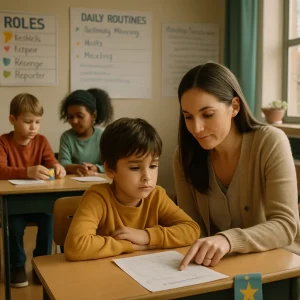 Documentary-style photograph of a warm, inclusive classroom bathed in natural light: a calm teacher kneels for a brief one-on-one check-in with an ambivalent student, gently pointing to a worksheet and offering growth-focused encouragement; nearby, a withdrawn pupil and an empathetic peer work on a low‑demand hands‑on task beneath a visible roles board, daily routines chart and anchor chart for prior knowledge. Authentic emotions, diverse ages and ethnicities, shallow depth of field and warm tones create comforting negative space suitable for an article header.