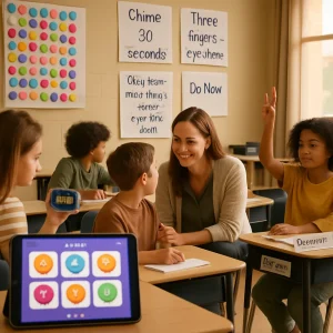 Photorealistic editorial image of a warm middle-school classroom radiating calm and predictability: a smiling teacher kneels for a private check-in with one student while others work quietly in small groups; in the foreground a colorful sticker chart and a tablet showing digital badges track small wins, a student holds a small digital timer labeled 'timekeeper', another shows the 'three fingers' attention signal, and group tables display role labels like 'Recorder' and 'Reporter'; posters on the wall show brief transition scripts ('Chime = 30 seconds', 'Three fingers = eyes here', 'Okay team — three things: quiet, eyes here, Do Now'). Natural window light, warm tones, shallow depth of field and realistic textures convey routine, low-pressure leadership, clear boundaries, and steady social safety.
