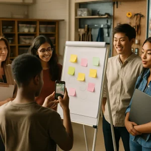 Photorealistic, candid scene of a classroom workshop winding down: three diverse students stand around a flipchart covered in colorful sticky notes and hand sketches (deliberately blurred and unreadable) while one photographs the board with a smartphone; a teacher looks on supportively with a blank clipboard and another student holds a neat portfolio. Warm natural light, shallow depth of field, visible PPE and an organized materials bank with a small repair station convey hands‑on learning; balanced composition perfect for an article header.