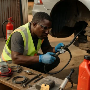 Medium shot of an African mechanic in eye protection, solvent-resistant gloves and a high-visibility vest kneeling beside a gasoline car with the fuel filler area and underbody exposed. He applies soapy water to an EVAP hose connection, small bubbles forming while holding a handheld vacuum pump near the purge valve; a charcoal canister with faint fuel staining sits on a worn wooden bench neatly arranged with a multimeter and leads, 12 V test leads, an inline fuel filter, fuel-rated rubber hose and worm-drive clamps, a small fuel pressure gauge and an approved fuel container. Warm natural daylight and shallow depth of field (35mm-equivalent, f/2.8) bring out high-detail textures—dirty hands, oil stains, rusted metal and worn tools—set in an authentic African roadside workshop with a corrugated-metal shed and dusty ground; visible safety items include a fire extinguisher, absorbent pad and a labelled temporary repair tag.