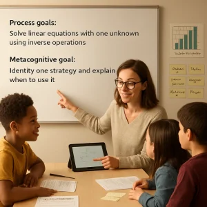 Photorealistic classroom scene of a teacher working with a diverse group of three students at a table; the teacher points to a whiteboard that clearly lists "Process goals: Solve linear equations with one unknown using inverse operations" and "Metacognitive goal: Identify one strategy and explain when to use it"; a printed 10–15 minute diagnostic worksheet and exit slips lie on the table beside a tablet showing teacher modeling; a progress chart on the wall displays target "80% on 8/10 items" and a calendar is marked "15–40 min sessions · 2–4x/week · 2–6 weeks"; sticky notes read "Diagnose → Model → Guided practice → Independent → Check"; warm upbeat lighting, natural engaged expressions, shallow depth of field and clean composition with negative space make the image ideal for an article headline about effective, data-informed instruction.