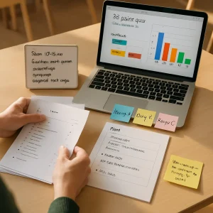 Photoreal editorial image of a teacher's hands at a bright classroom table sorting student quiz papers; an open laptop displays a spreadsheet reading "20-point quiz — mean 12/20, SD ≈6" beside a color bar item analysis (Q1:15/20, Q2:6/20, Q3:4/20). Color-coded sticky notes labeled Group A/Group B/Group C sit next to a one-page plan sheet with short bullet steps for each group (enrichment, scaffolded practice, reteach/diagnostic tasks). A small whiteboard/printed flowchart reads "Scan 10–15 min → Calculate mean & spread → Item analysis → Tag groups → Targeted next steps → Re-check" and a sticky note offers a brief feedback script ("Nice attempt — try connecting step 2 to step 3"). Warm natural classroom lighting, shallow depth of field, high-detail realistic textures, and a clean, organized composition ideal for an educational article header.