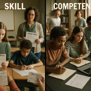 Photorealistic split-classroom: left side shows individual students at tidy skill stations doing focused micro-tasks (measuring with a pipette, completing worksheets, practicing verb-conjugation flashcards) with checklists and a teacher modeling step-by-step; right side shows a collaborative group around a lab bench designing an experiment, analyzing data on a laptop, sketching a budget and writing reflections while the teacher circulates with fading support. Warm cinematic daylight, realistic textures and shallow depth of field create a clear visual contrast between isolated practice and integrated application, presented in an editorial composition suited for an educational article.