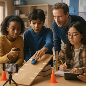 A warm, photoreal classroom moment: three diverse middle‑school students huddle around a low‑friction wooden track propped on books with taped spacing as one releases a marble/toy car caught in slight motion blur, another times with a handheld stopwatch, and a third records measurements on graph paper and a tablet. A meter stick and smartphone on a small tripod capture frame‑by‑frame data, safety cones mark the ends, and a teacher leans in to observe and guide under soft natural light and shallow depth of field—candid expressions and real lab materials tell the story of hands‑on discovery.