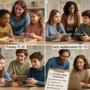 Photorealistic horizontal collage showing four adjacent classroom scenes left to right: Preschool (0–6) with a warm teacher kneeling, close attachment and sensory play with sand tray and blocks; Primary (7–11) with small groups using manipulatives and simple lab materials, charts and classification cards; Early adolescence (12–15) with scaffolded debates/experiments, teens planning with tablets, peer feedback and teacher-facilitated emotional regulation; Older teens (16+) collaborating on open-ended research projects with laptops, posters and prototypes and teacher mentoring. Foreground: a teacher holds a concise checklist clipboard with readable items (activate prior knowledge; concrete task; social scaffolding; affective check) and small tangible symbols of a brain, heart and classroom map clipped to it. Warm natural light, high-detail textures, diverse inclusive students and teachers, editorial magazine-ready photorealism.