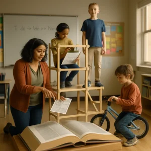 Photorealistic classroom tableau where a giant open textbook forms a short staircase wrapped in a three-level wooden scaffold. A warm mid-30s teacher models a task on the lower level, speaking and pointing to a worksheet while three diverse students occupy the scaffold: a middle-level learner with a clipboard showing a graphic organizer and checklist, a top-step student standing confidently with empty hands, and a peer gently removing a small training wheel from a child's bicycle beside the scaffold. In the background a whiteboard faintly reads I do → We do → You do; posters, rubrics and sticky notes scatter the walls. Warm natural window light, cinematic soft lighting, shallow depth of field and a 35mm perspective create candid expressions and high-detail realistic textures, making scaffolding and fading support a literal, hopeful visual metaphor.