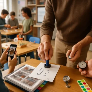 Sunlit classroom makerspace where student teams rotate through hands-on stations: a close-up of a teacher stamping a three-box checklist with small handwritten initials, a student photographing a finished artifact while classmates give a brief oral report, and a projector showing blurred image thumbnails. A table holds a compiled group portfolio with photo sleeves, flipchart pages and colored sticky tabs, as the teacher times progress with a stopwatch and a roll of sticker stamps, all captured with realistic textures, expressions and shallow depth of field to highlight formative and summative assessment moments.