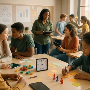A sunlit, documentary-style image of a modern middle/high-school classroom humming with collaboration: diverse students clustered at stations using cards, markers, simple models and tablets, a pair leaning in for a think-pair-share, another group roleplaying a real-world scenario, sticky-note reflections and artifacts arranged on tables, and a teacher circulating with a tablet beside a central table holding a timer and manipulatives. Warm natural light, shallow depth of field and vibrant yet natural colors convey movement, focus and shared discovery; classroom walls display diagrams and student work with no legible text.