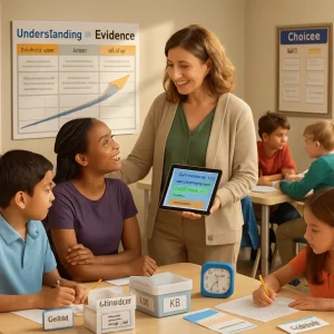 Photorealistic header-style scene of a bright, modern classroom where a warm teacher coaches diverse small groups at clearly labeled stations. Visible details include a postered rubric 'Understanding • Evidence • Communication' with Bronze/Silver/Gold columns of non-punitive expectations; a discreet mini-conference in the foreground where the teacher privately praises a student whose progress is highlighted on a nearby growth chart (Bronze → Silver); a table with an exit-slip box and quick-check cards, timers on desks, labeled kits and checklists; the teacher holding a tablet displaying standards-based mastery levels; a wall choices board with 3–4 teacher-vetted options and role-rotation name tags on groups. Calm, warm natural light and composition convey formative assessment, timely feedback, and grading practices that protect student self-esteem.