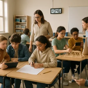 Documentary-style wide shot of a sunlit middle-school classroom arranged into four distinct learning stations where diverse 11–14-year-olds work in mixed-ability teams: one group researches on a tablet, another sketches plans on graph paper with non-legible annotations, a third builds and tests a small craft-stick bridge wearing safety goggles and photographs the result, and a fourth prepares a short flipchart presentation while capturing evidence on phones and tablets. A teacher walks between stations for quick check-ins; visible bins of materials and a wall-mounted digital countdown timer frame the warm, collaborative scene full of candid moments of problem-solving and teamwork.