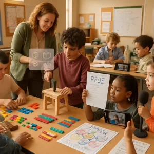 A photorealistic editorial classroom scene showing quick UDL adaptations in action: diverse students rotate through stations — a math table with counters, base-ten blocks and fraction tiles and a subtle translucent step-by-step overlay as one child builds a small wooden stool; a student records a short video explanation while another holds a handwritten proof. A language-arts corner shows a learner listening on headphones beside a colorful paper story map and printed text while two peers rehearse a dramatic reading into a small microphone; a science/tech bench displays an open lab manual, a tablet demo, annotated photos and a student-designed experiment made from recycled materials. Low-resource cues (phones as audio recorders, paper concept maps, reused materials), peer-supported role-rotation cards, a visible "success criteria" poster and a teacher circulating and coaching create a warm, candid, inclusive atmosphere lit by natural light.